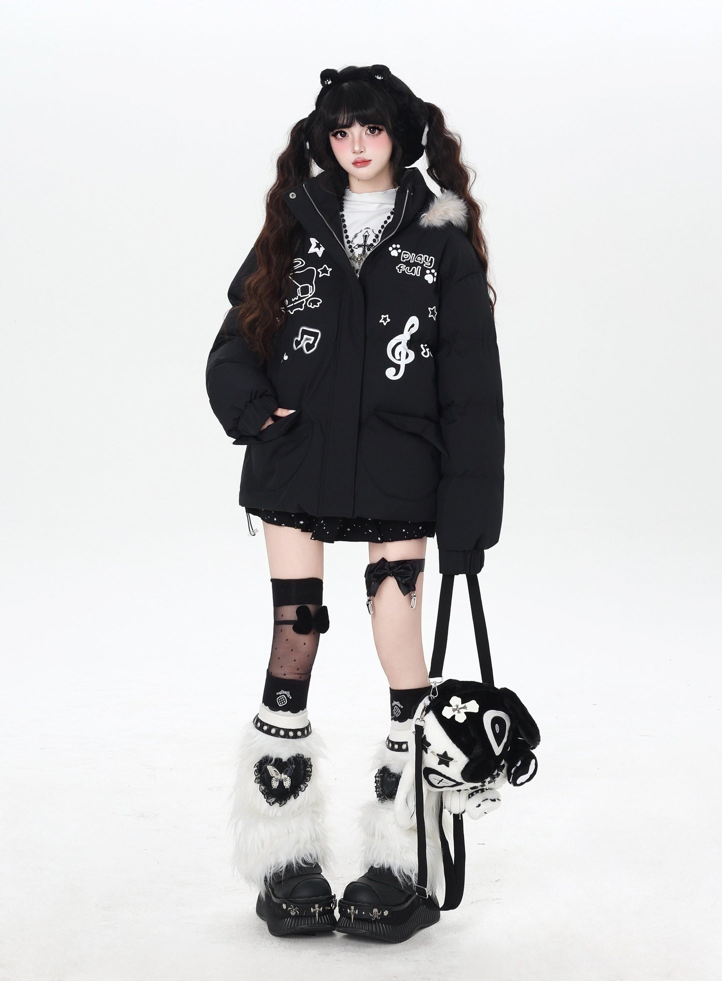 猫モチーフ 音符入り フード付き中綿ジャケット