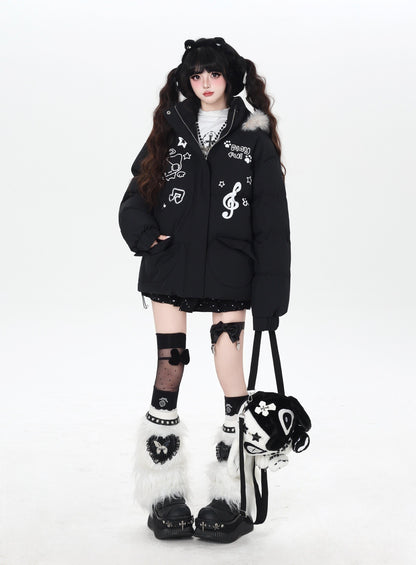 猫モチーフ 音符入り フード付き中綿ジャケット