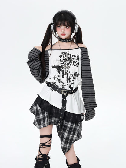 ロック系地雷ストライプホルターネック不規則Tシャツ秋
