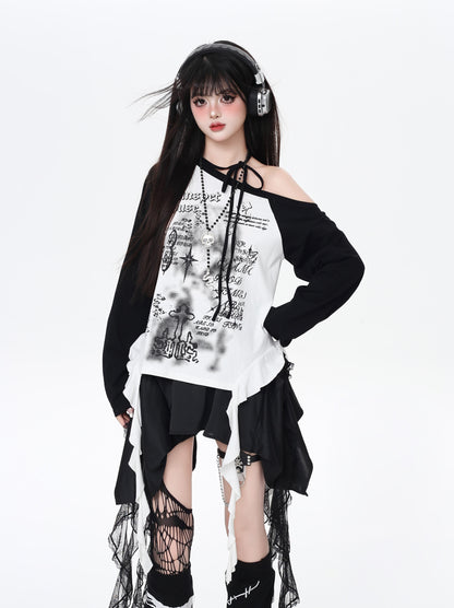 レトロY2K斜め肩ホルターネック配色ゆる細見えTシャツ秋