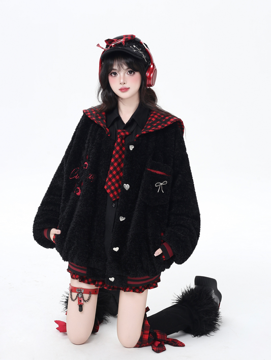 チェックセーラー襟ボアジャケット