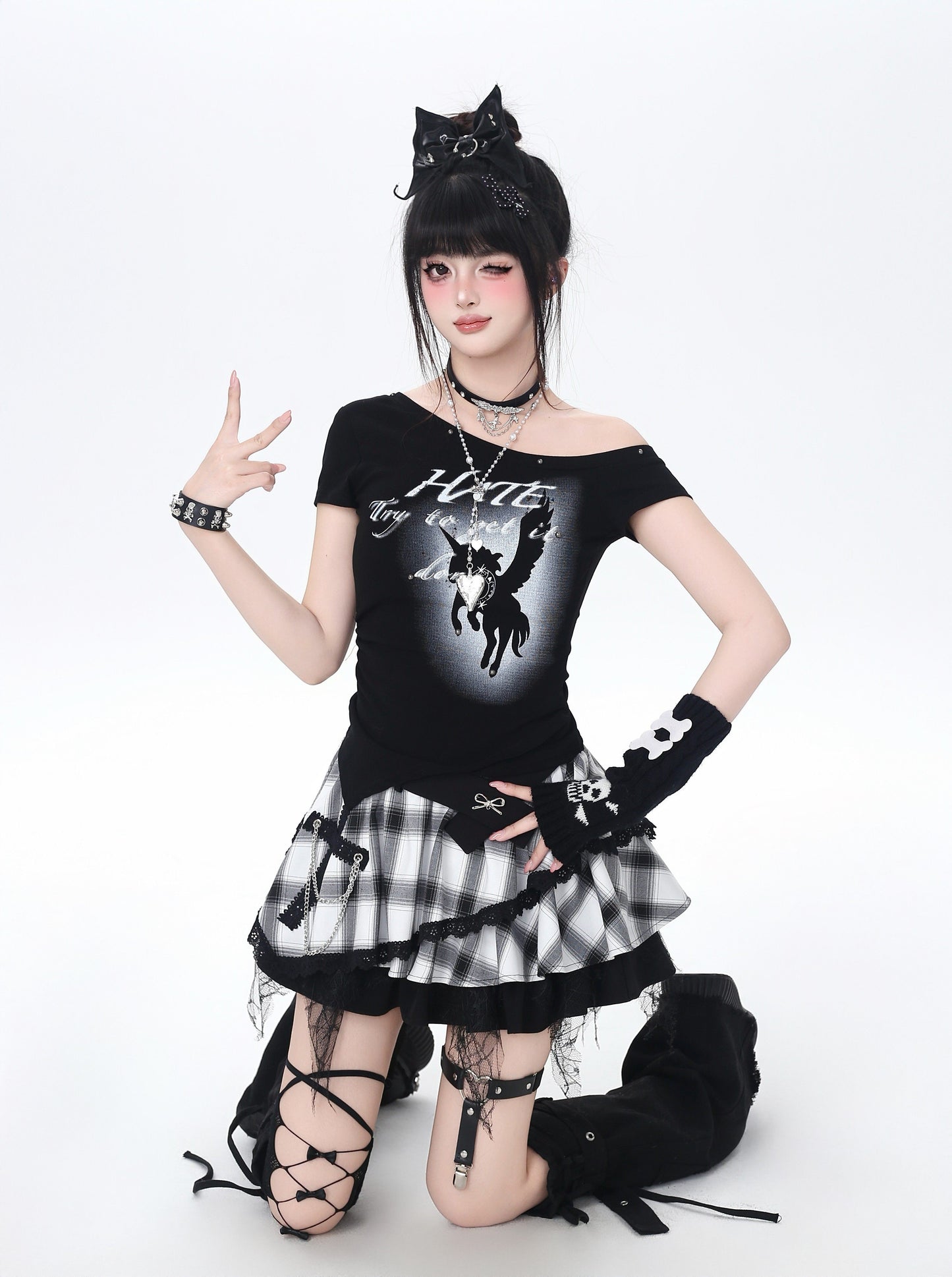 ドット×チェックふんわりティアードスカート