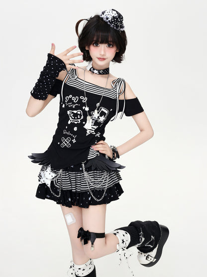 ボーダーアシメオフショルトップス