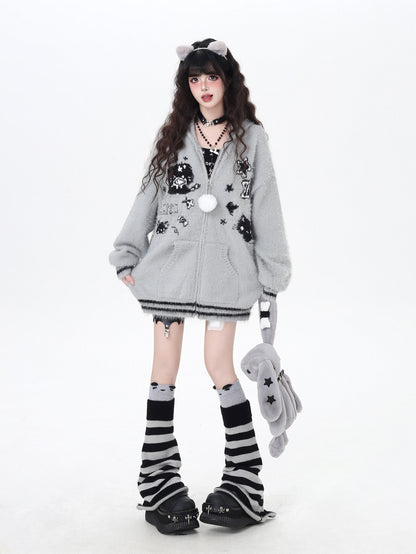 うさ耳フーディー付きゆるカワカーディガン秋冬