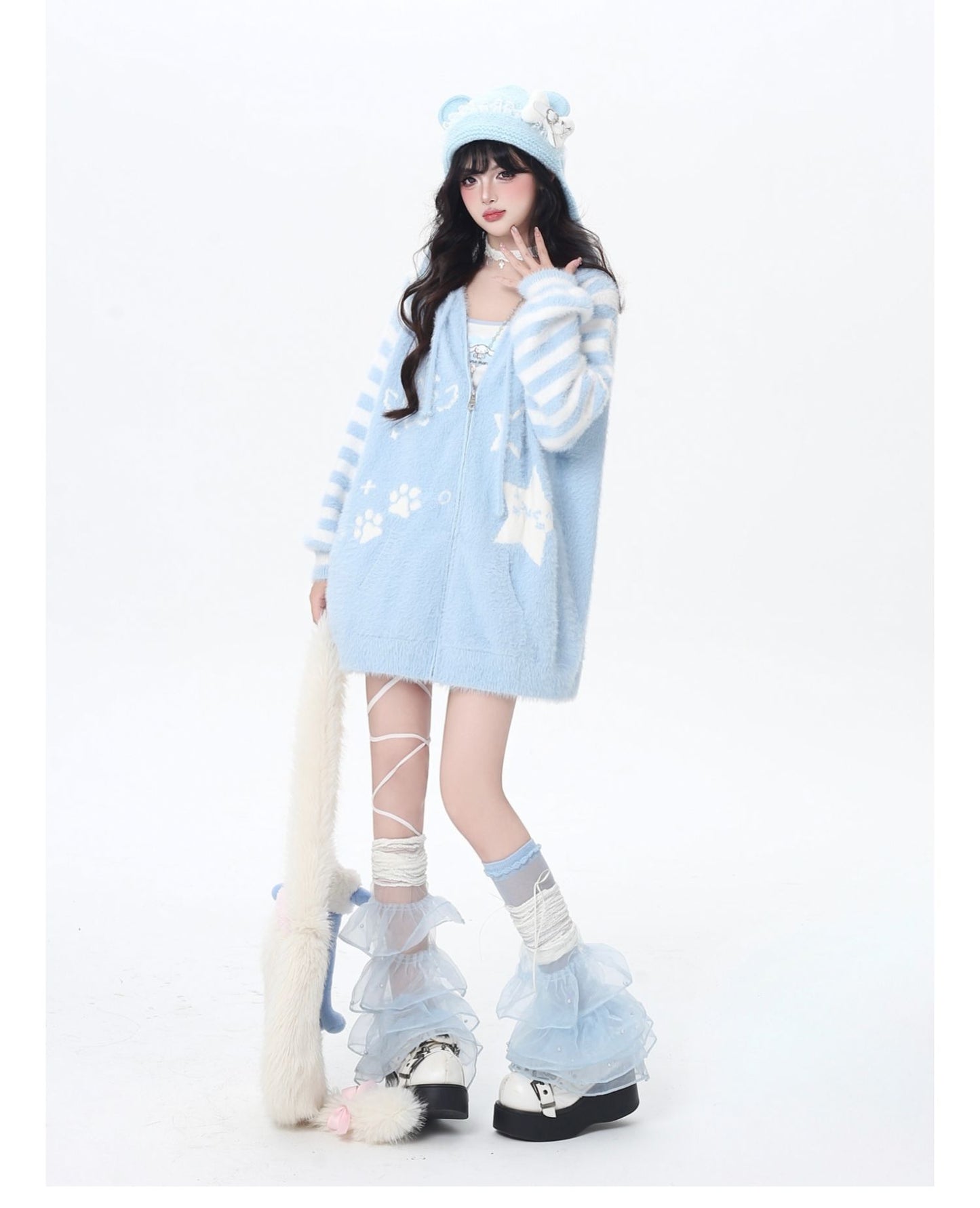 星柄ボーダーVネックフーディーニットカーデ