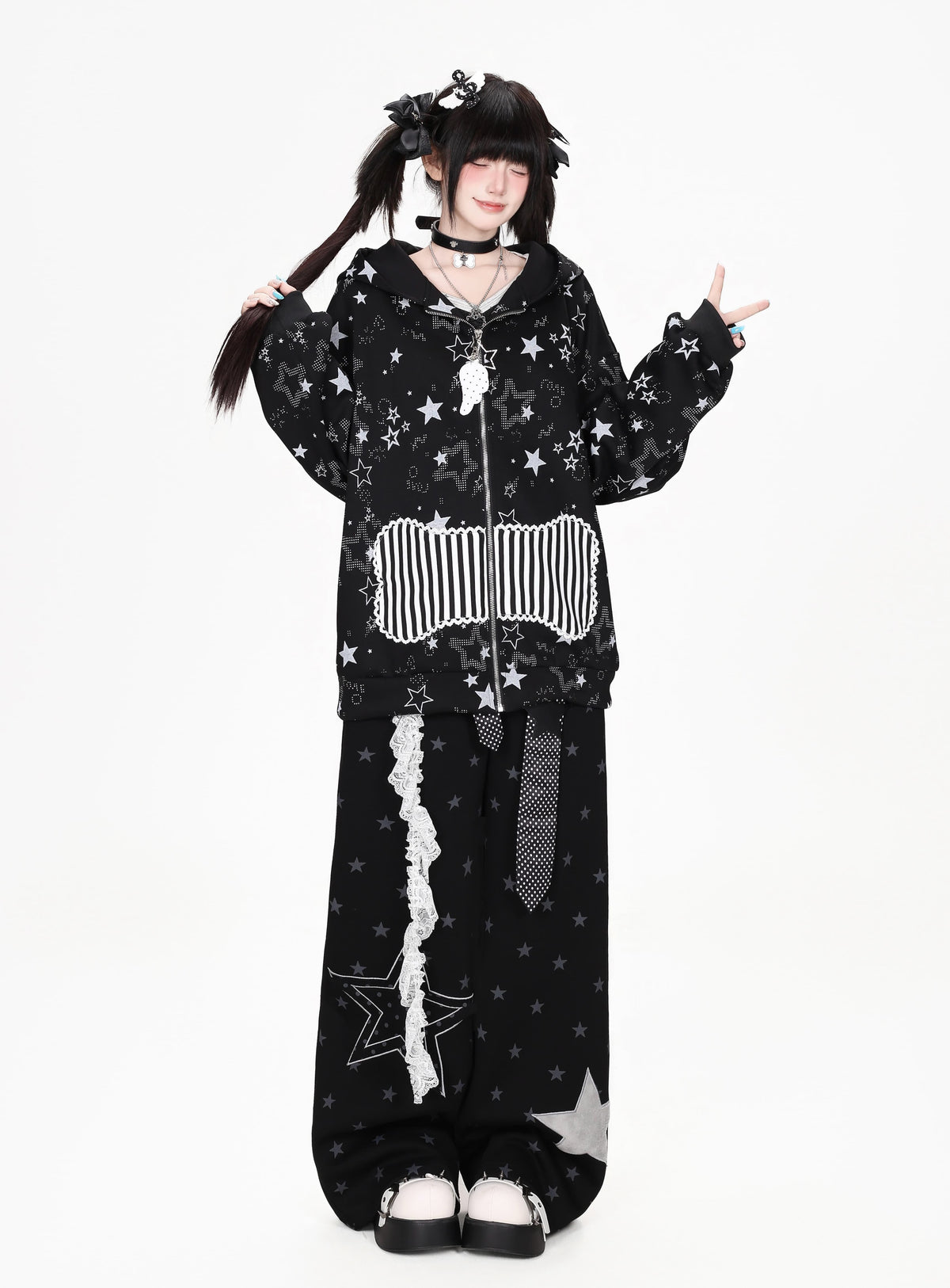 星柄フェイクレイヤードワイドパンツ