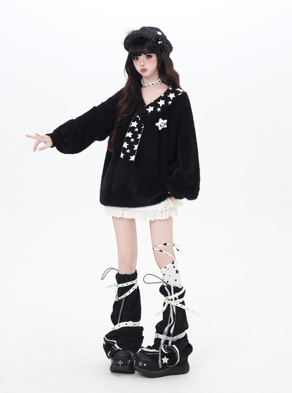 星モチーフフェイクファー重ね着風ニット