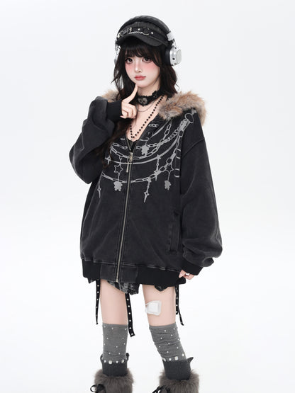 レトロストリート ネックレスプリント ヴィンテージ加工 オーバーサイズパーカー 秋冬