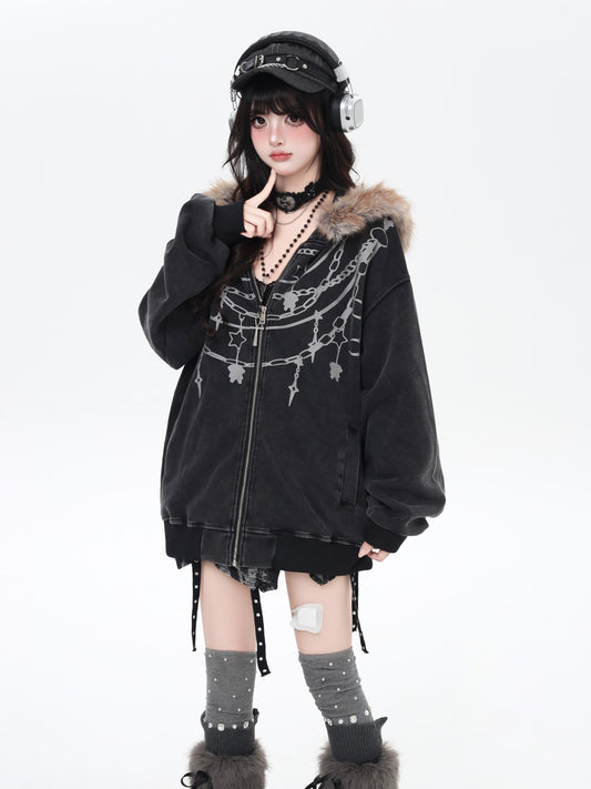 レトロストリート ネックレスプリント ヴィンテージ加工 オーバーサイズパーカー 秋冬
