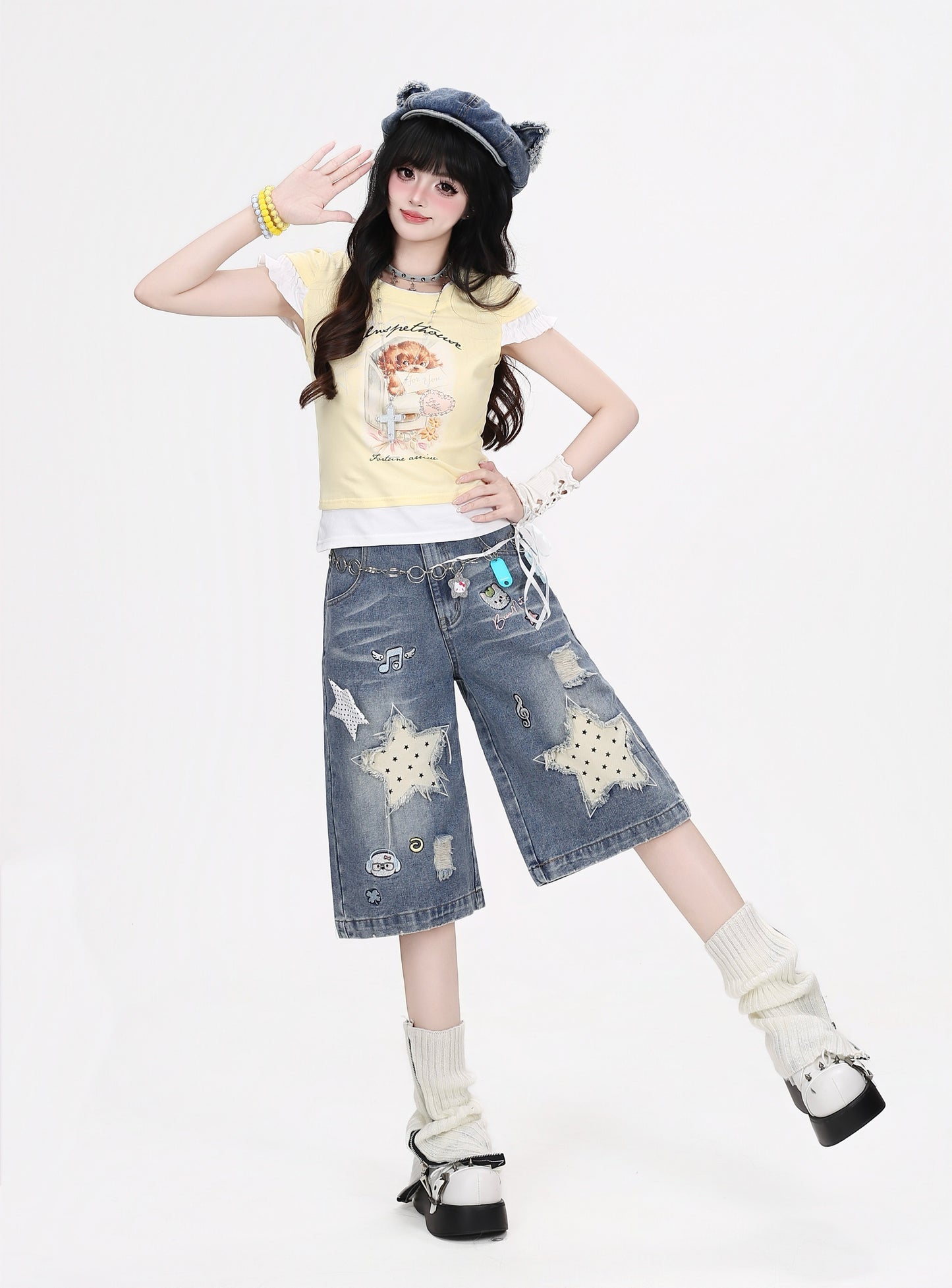 星柄ダメージワイドハーフパンツ