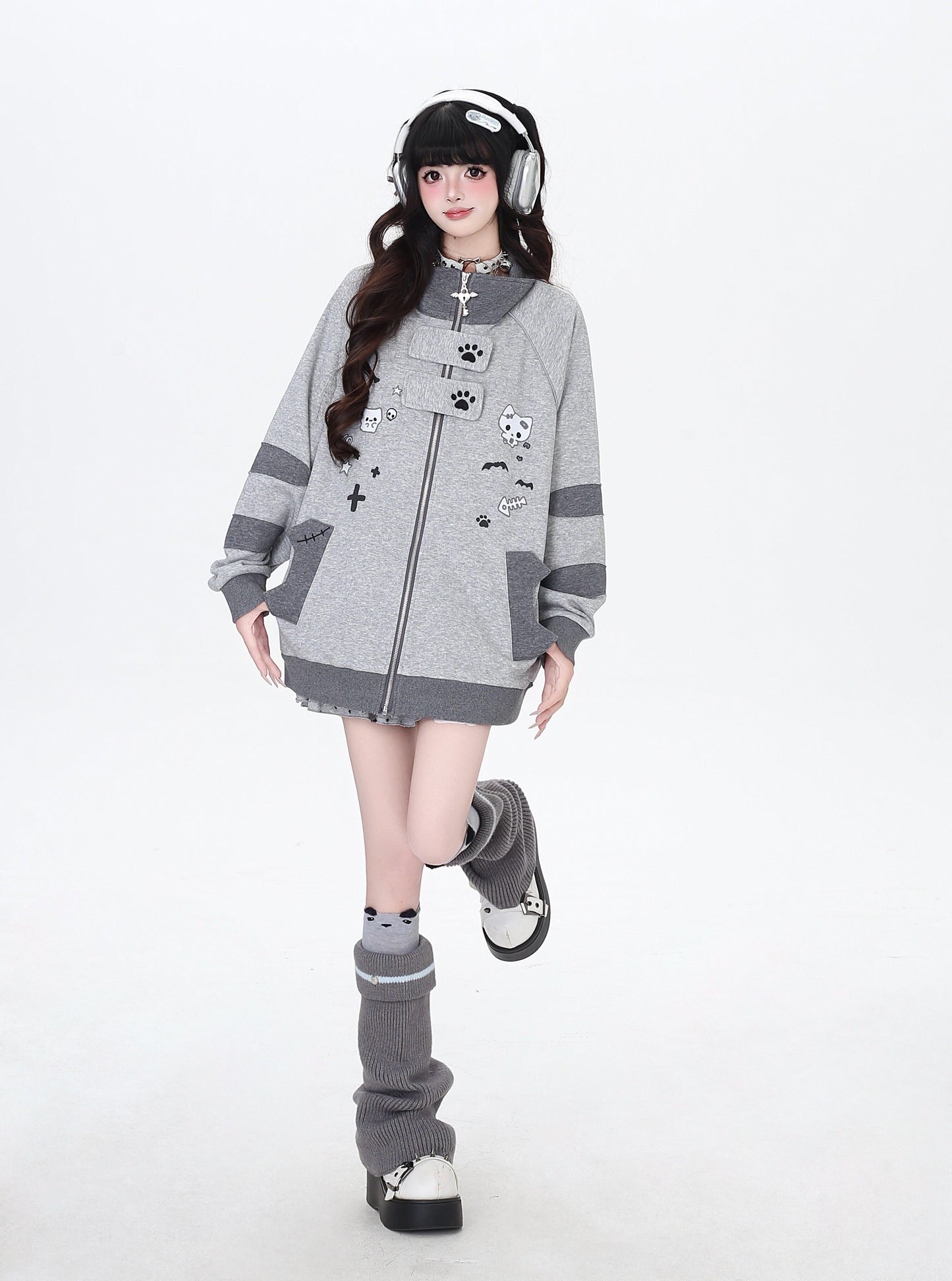 ねこ刺繍×スター柄 ラグランブルゾン