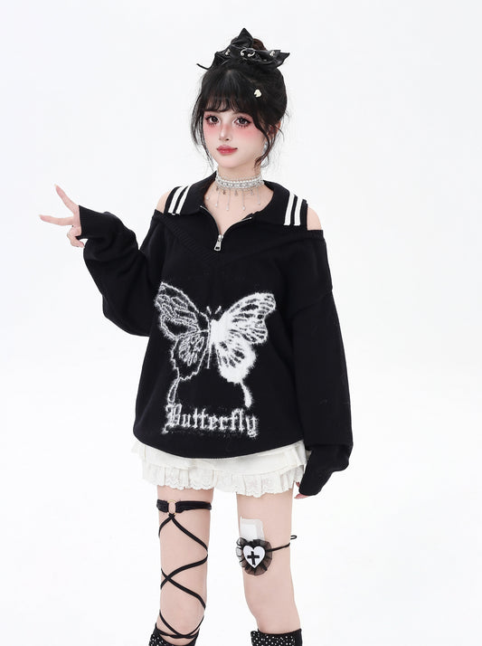 バタフライオフショルニット｜甘辛ガーリースタイル
