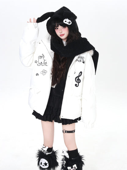 猫モチーフ 音符入り フード付き中綿ジャケット