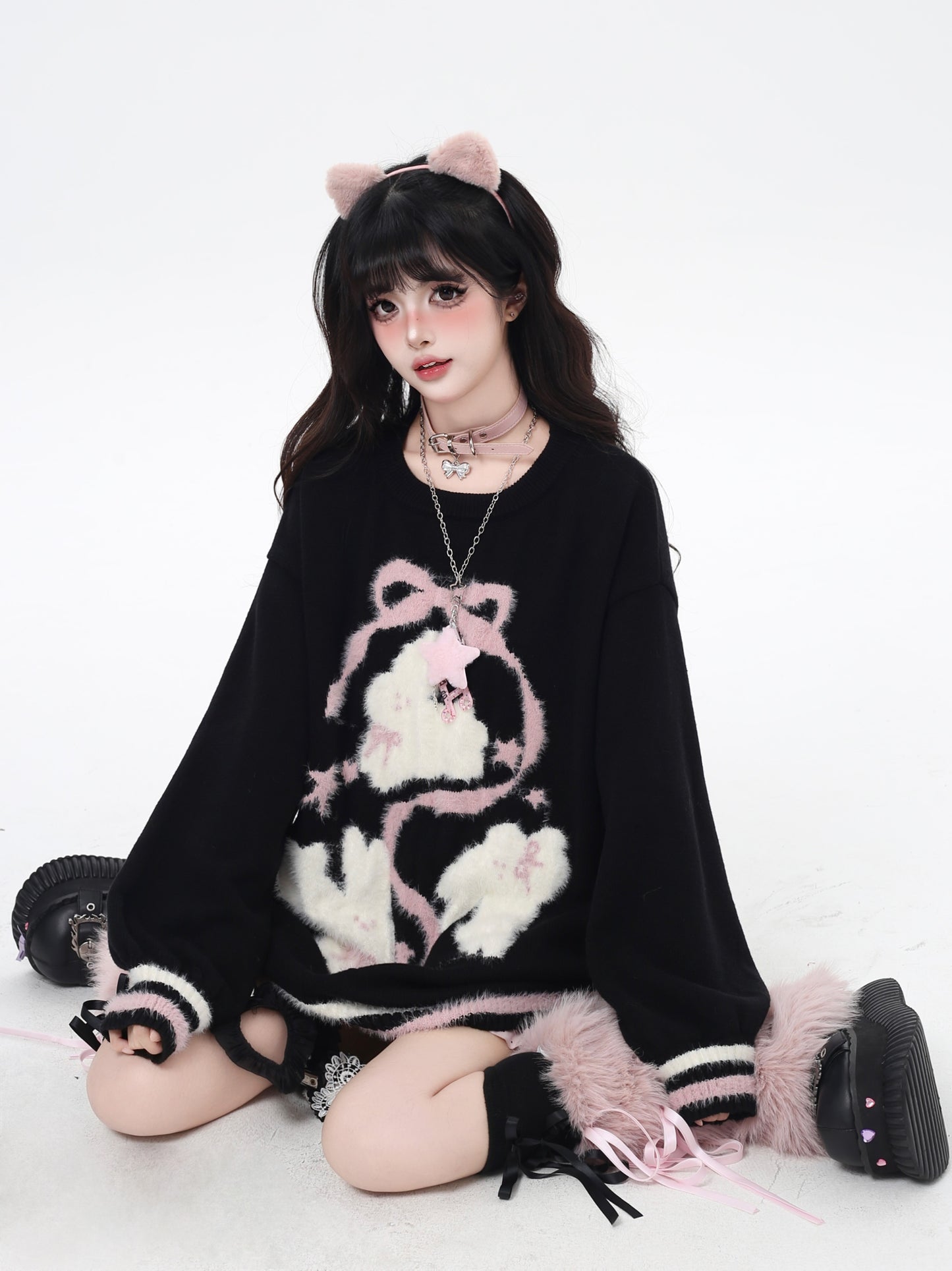 ゆる地雷 うさみみ×リボン ニットセーター 秋冬 オーバーサイズ 量産型 Y2Kコーデ