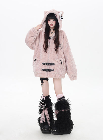 刺繍ねこ耳フード付き厚手ボアジャケット