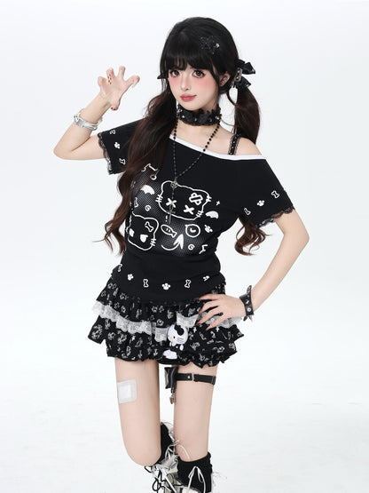 ねこプリントレースキャミレイヤード風T