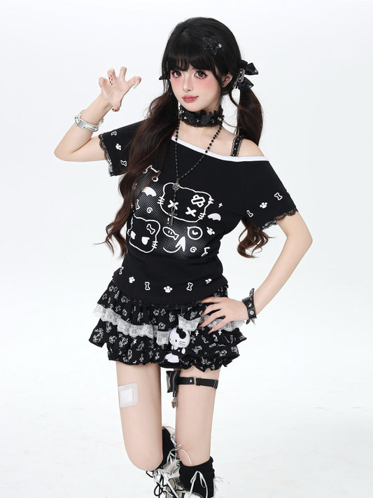 ねこプリントレースキャミレイヤード風T