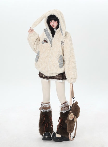 うさ耳＆刺繍入り チェック切替ボアジャケット