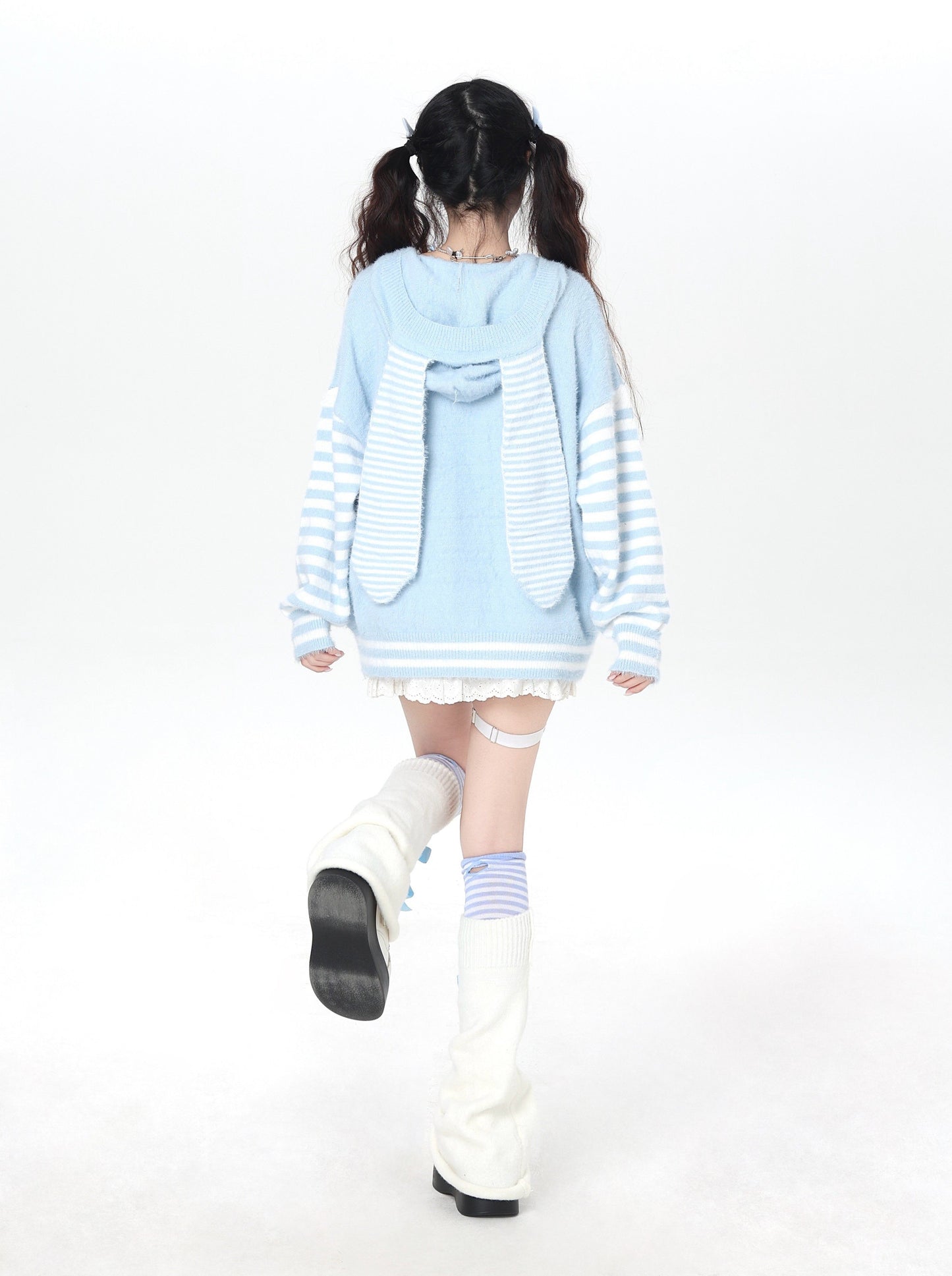 うさ耳フード入り ボーダーゆるニット