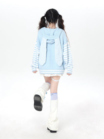 うさ耳フード入り ボーダーゆるニット