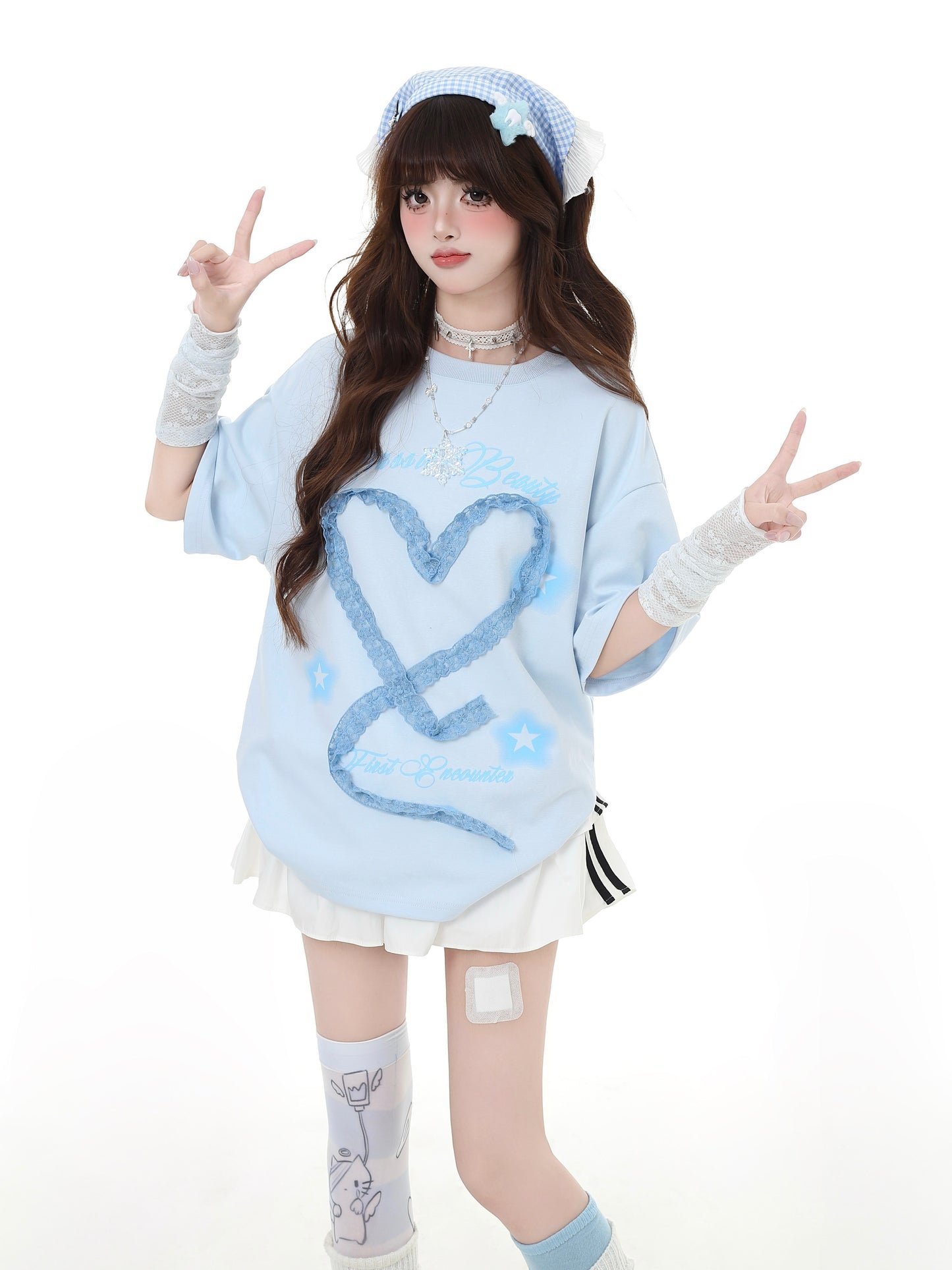 レースハート柄ブルー＆ホワイトTシャツ