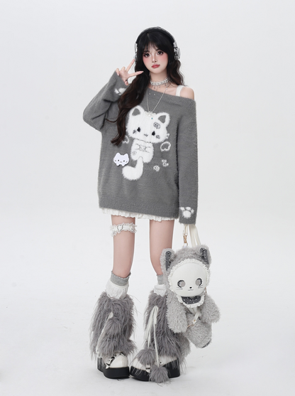 キャットモチーフアシメオフショルニット