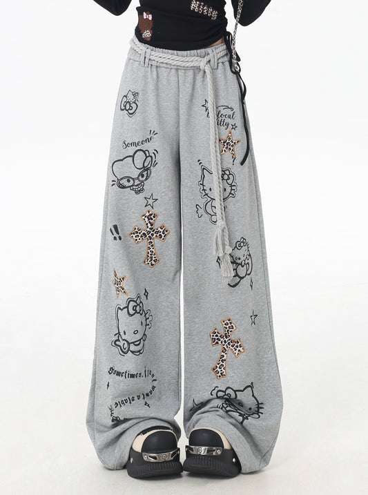 猫柄×レオパード ドロストパンツ