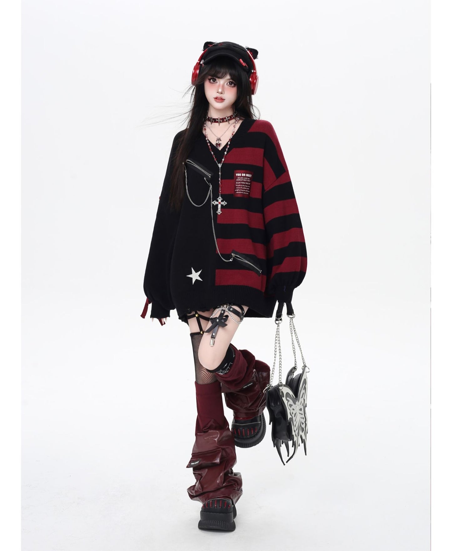 バイカラーストライプVネックニット