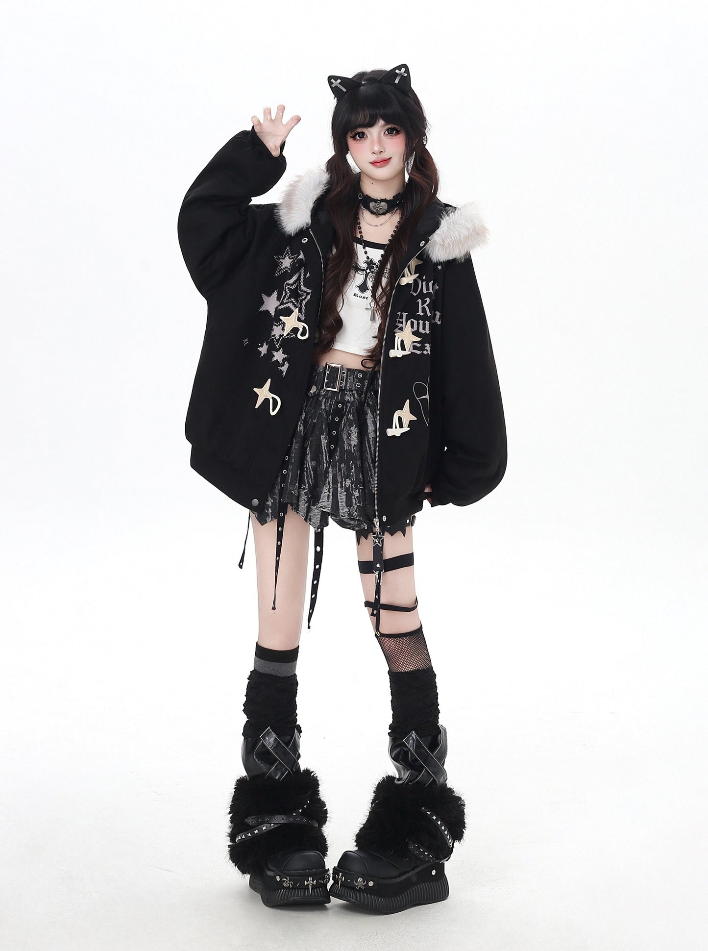 星柄レター×ボア襟取り外し可能 ゆるシルエット中綿ジャケット