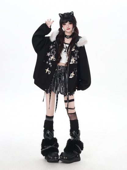 星柄レター×ボア襟取り外し可能 ゆるシルエット中綿ジャケット