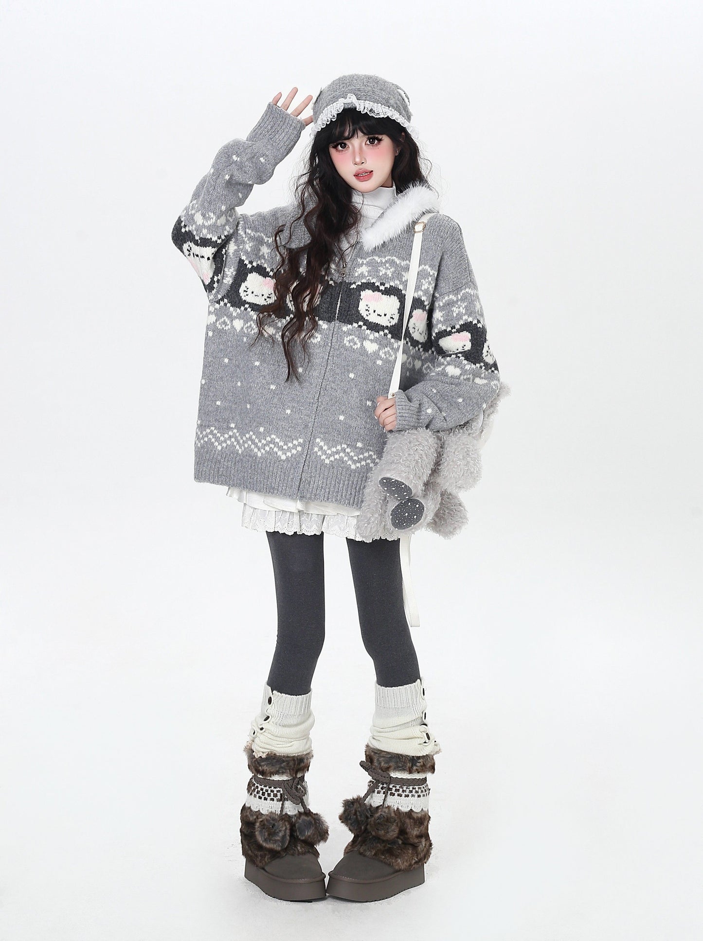 フェアアイル 猫モチーフ ニットフーディー