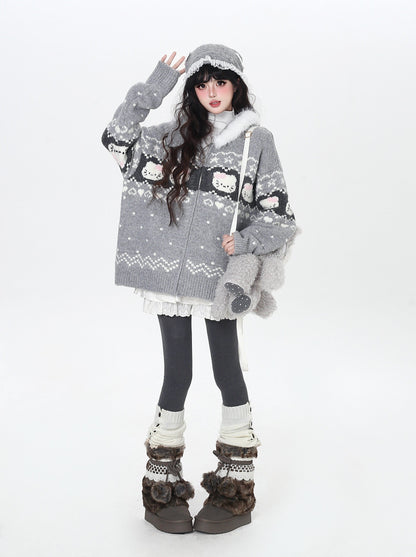 フェアアイル 猫モチーフ ニットフーディー