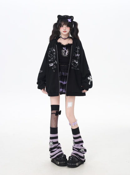 地雷系ダークキャット 黒グレーゆるパーカー 秋のジップアップ