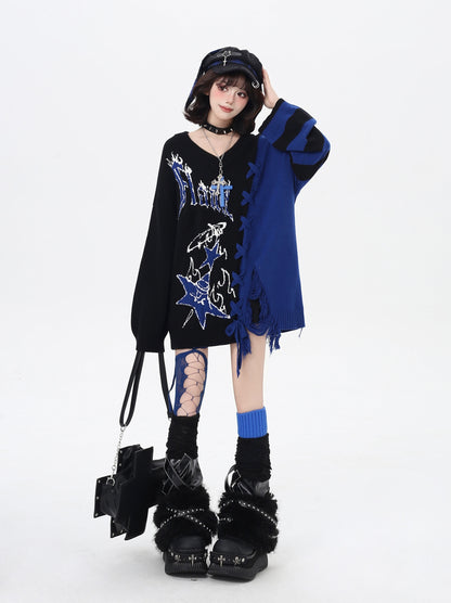 ゆるギャル系 Vネック配色リボンニット♡秋冬甘辛ミックス