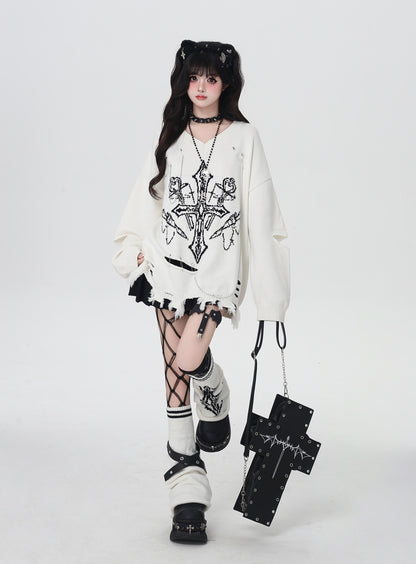 十字架×条纹デザイン感ニーハイソックス