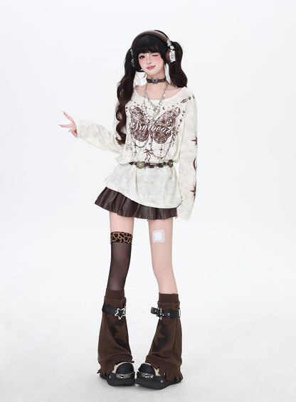 クラッシュ加工 バタフライ柄ロングスリーブT