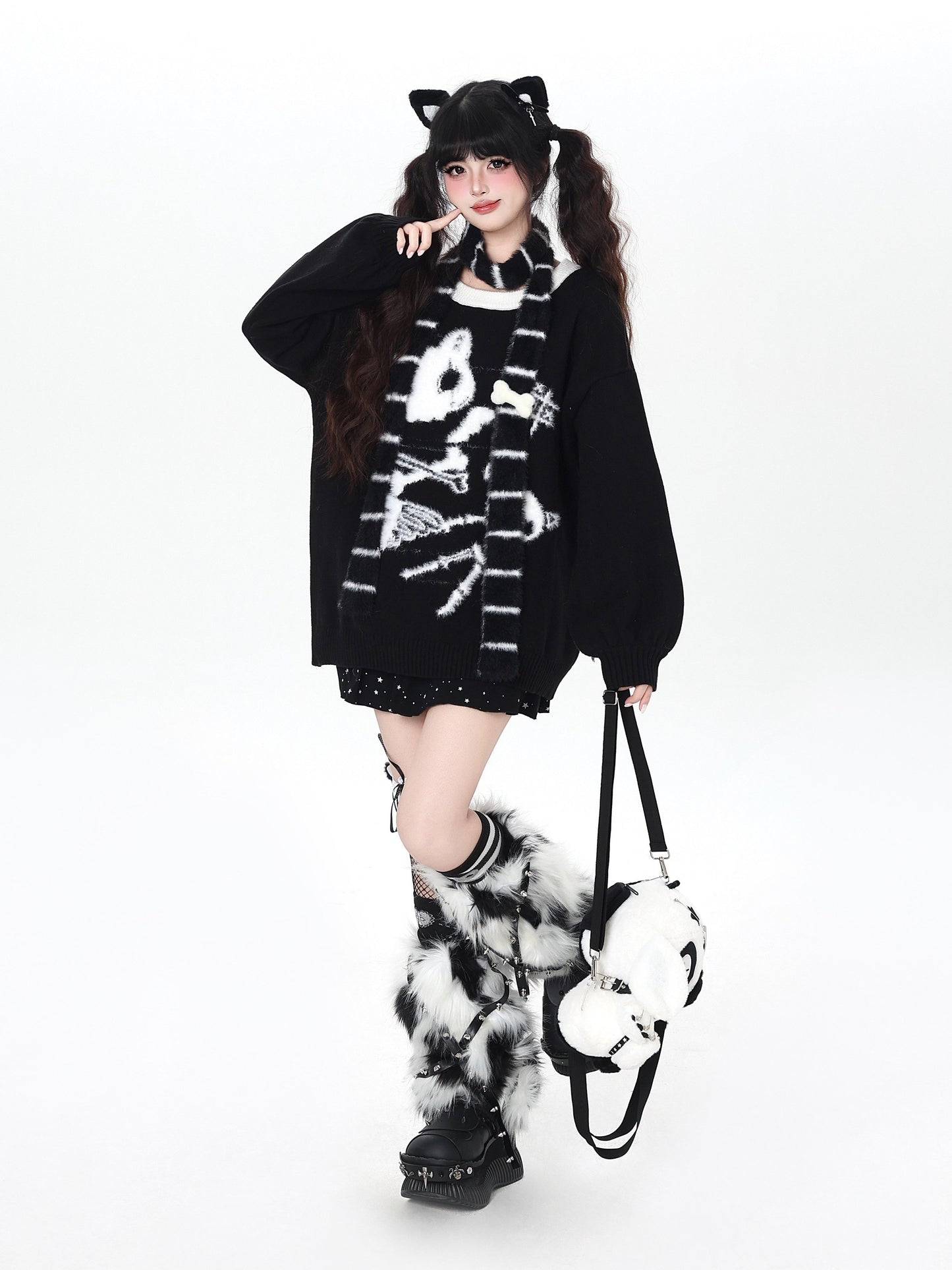 白黒ねこモチーフ ルーズニットプルオーバー｜秋冬ゆるサブカル