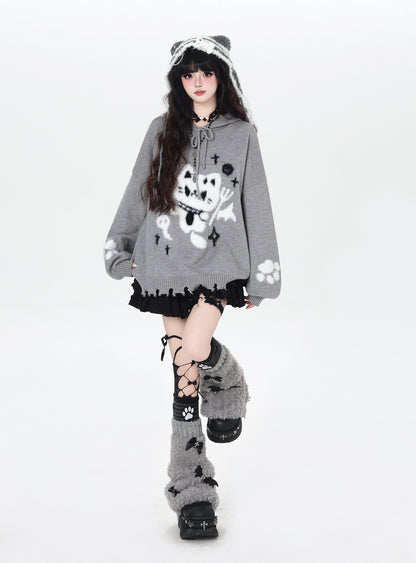 ねこモチーフ フード付きルーズニット｜黒×グレー サブカル