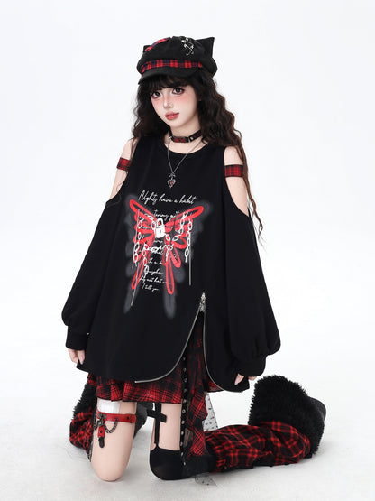 甘辛♡オフショル蝶柄タック袖スウェット