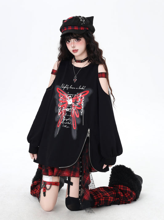 甘辛♡オフショル蝶柄タック袖スウェット