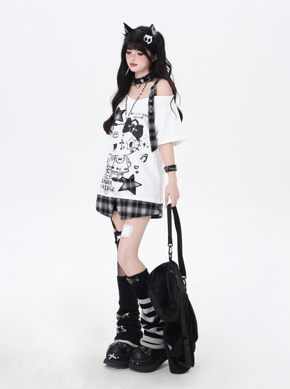 ネコ柄×チェック肩あきTシャツ