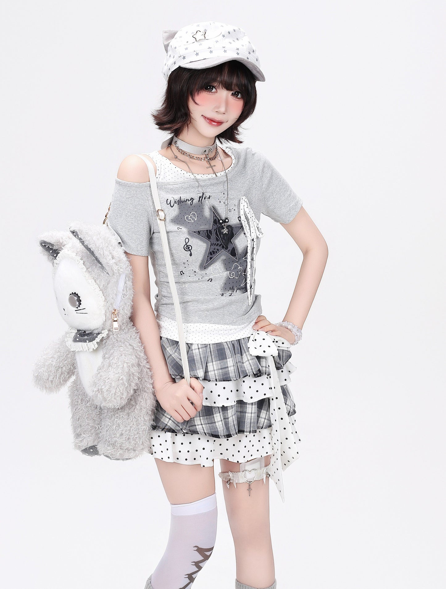 アシメ星柄ダメージTシャツ