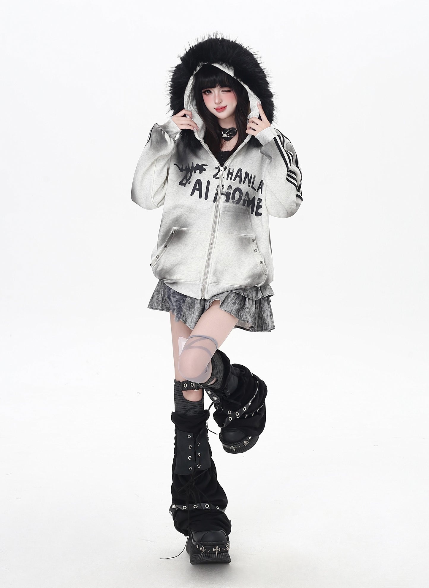 タイダイ×ファー衿取り外しジップアウター