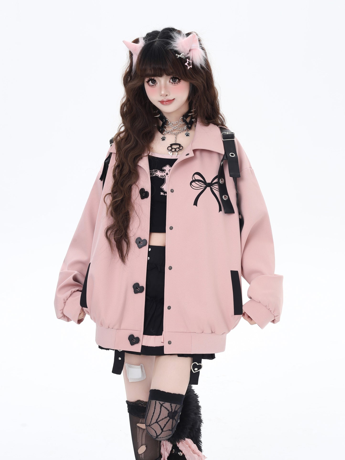 蝶結バックデザインのカジュアル棒球ジャケット