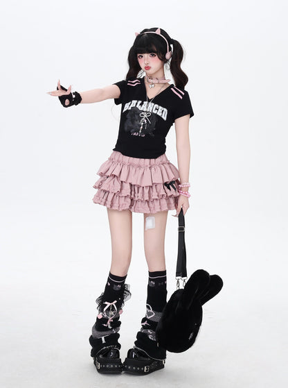 アメカジムード♡ブラック×ピンクボーダーVネックフィットT