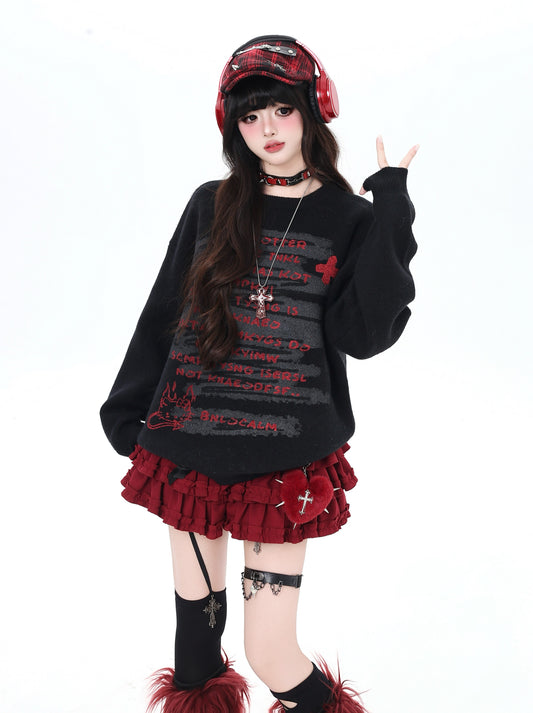 ゴシック猫ニット｜黒×グレーのゆる甘クールコーデ