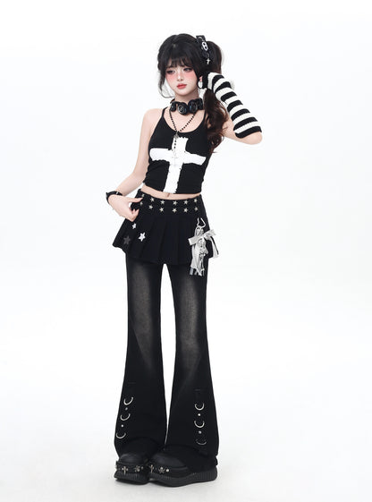 オリジナル地雷風フェイクレイヤード美脚デニムパンツ