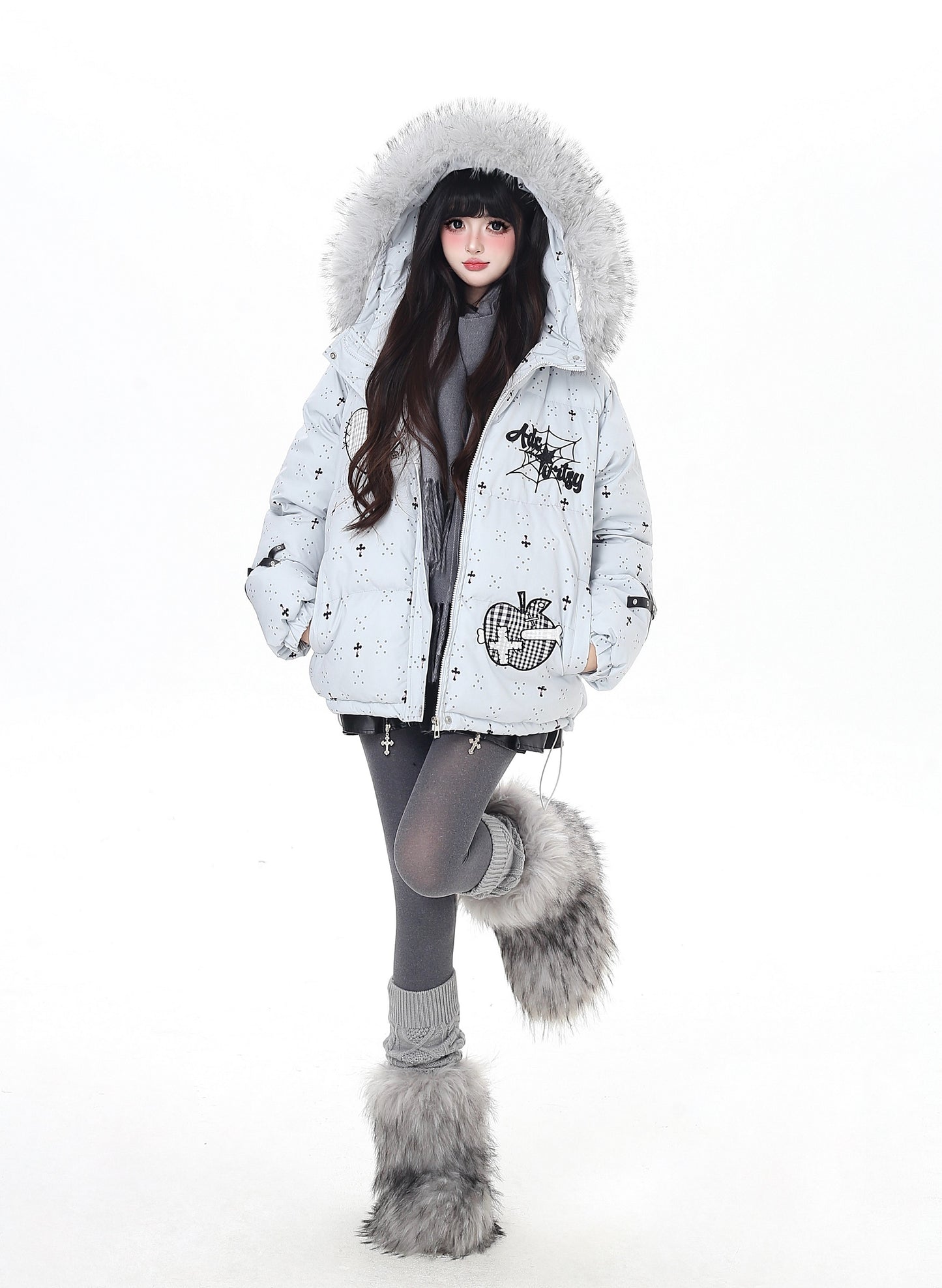 雪柄フード付き取り外し可毛襟コットンジャケット