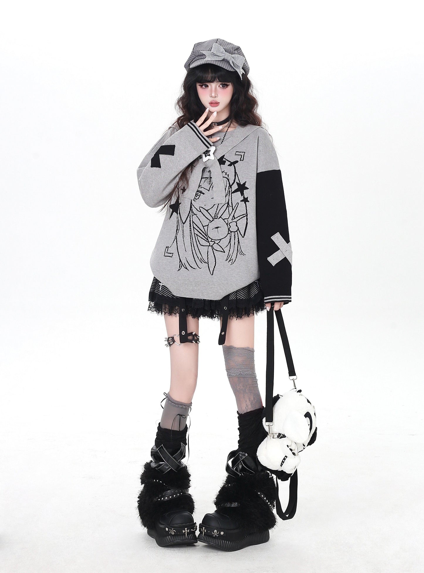 ゴシック サブカル 肩見せイラストプリントニット