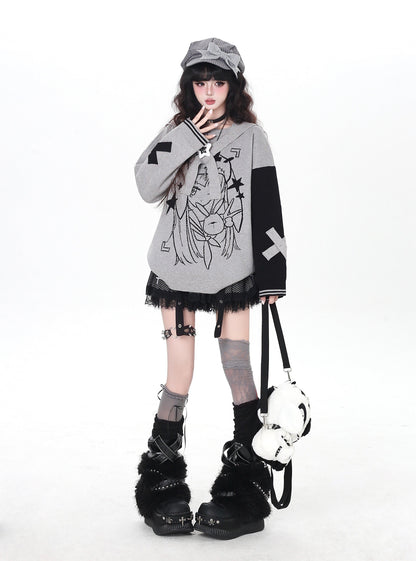 ゴシック サブカル 肩見せイラストプリントニット